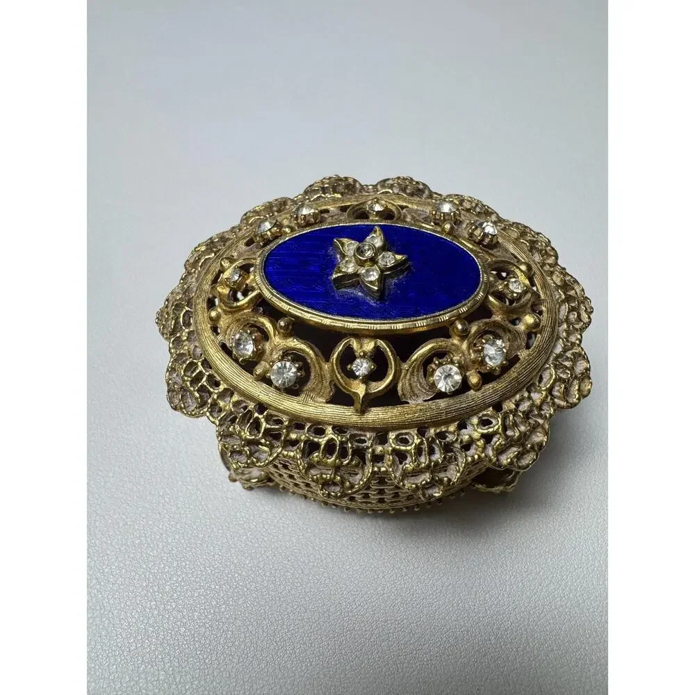 Vintage Florenza Jeweled Filigree Trinket Box Cobalt Blue Enamel Footed Oval